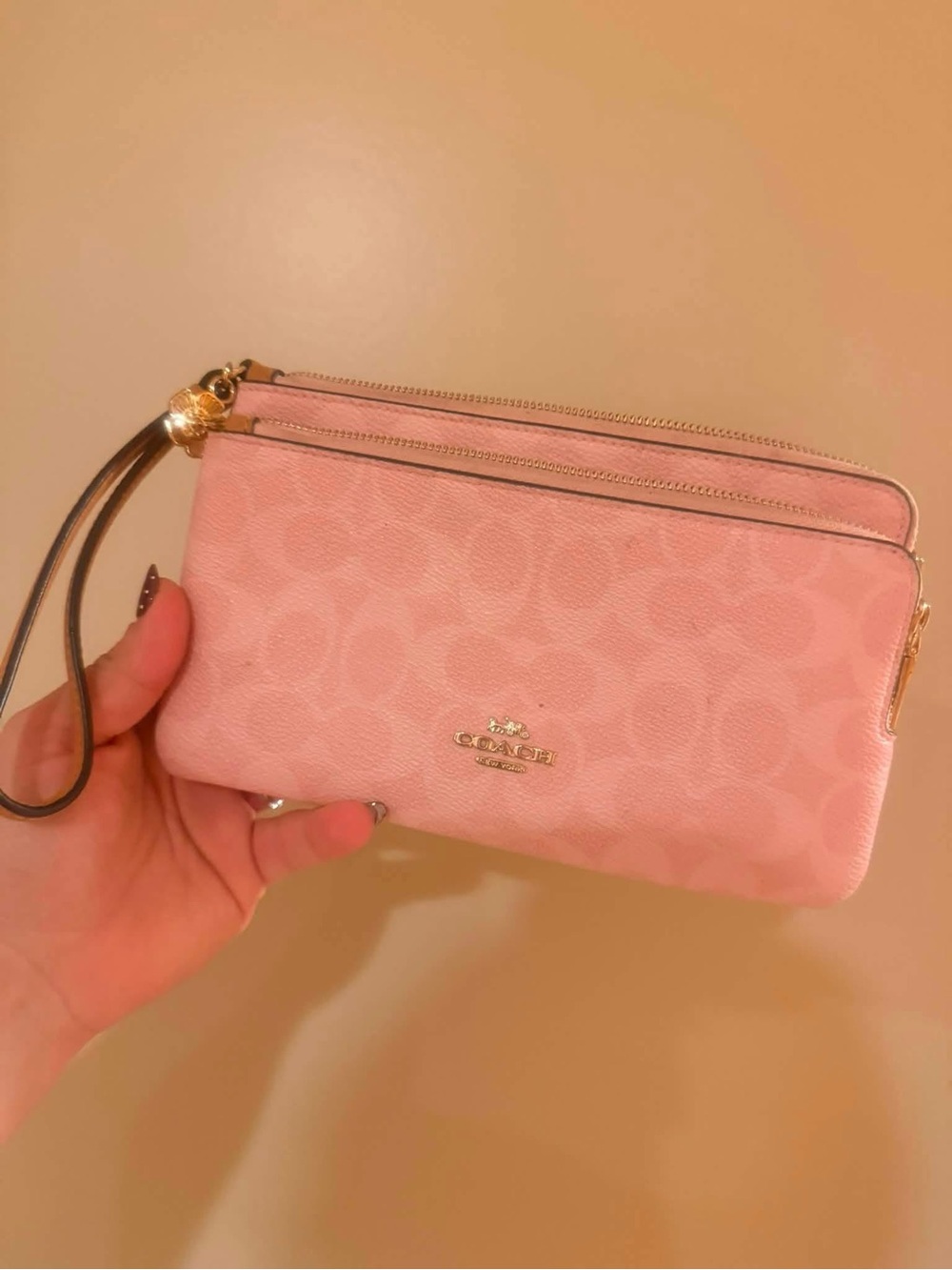 Coach Pink Logo-Print Double Zip Wristlet with Gold Hardware